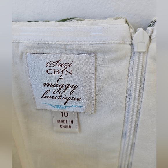 SUZI CHIN Strapless Corset Green and White Silk Dress Ruched Size M 10 - Picture 6 of 12